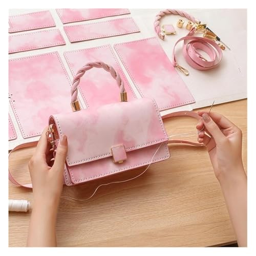 KeuLen DIY-Handtaschen-Herstellungsset, 1 Set, handgefertigte Handtasche, Pu-Ledergriff, Umhängetaschenzubehör for Frauen, DIY-Rucksack, Handnähen mit Nähwerkzeugen(Pink) von KeuLen