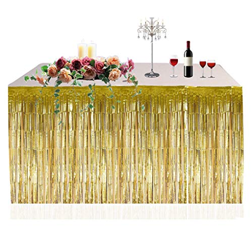 Party-Tischrock mit Fransen, 1 Stück, 274 x 74 cm, Partyfolie, Lametta, Geschirr, Hochzeitsdekoration, Partytisch, Tischrock (Farbe: Gold)(Size:Gold) von KeuLen