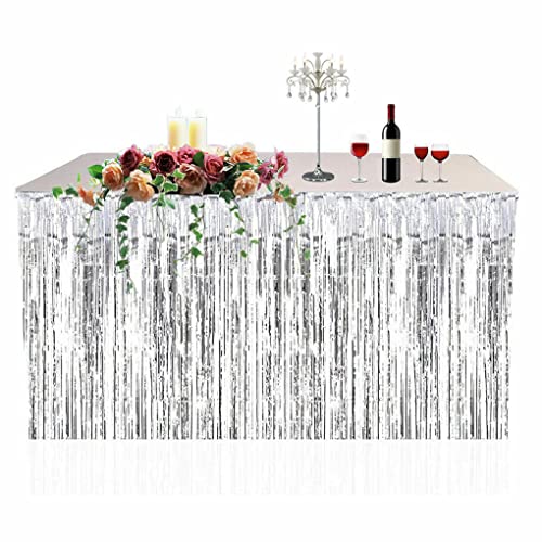 Tischrock mit Party-Fransen, Tischrock mit Quaste und Fransen, Folie, Lametta, Geschirr, Party, Hochzeitsdekoration, 274 x 74 cm, Tischrock (Farbe: Gold)(Size:Silver) von KeuLen