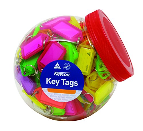 Kevron Blaue Schlüsselanhänger mit Etiketten, 56 x 30 mm, 100 Stück in Sichtbox für Identifikation, Sicherheit, Gepäck, Haustiernamen, Speichersticks, Zuhause und Büro von Kevron