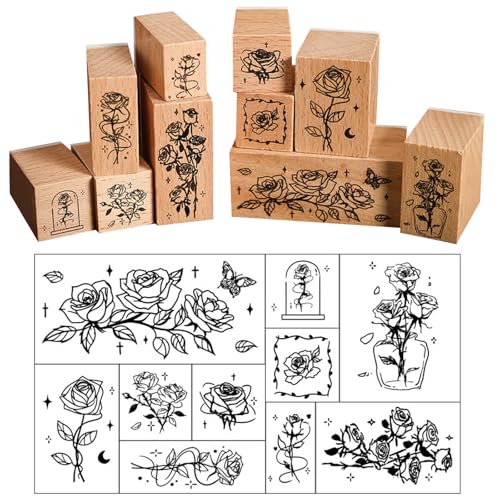 10 Stück Stempel Holz Set, Gummi Stempelset, Stempel Mit Blumen, Motivstempel Holz Stempel Blüten, Druckstempel Für Scrapbooking Fotoalben, Einladungen, Tagebuch, Diy Handwerk, Kartenherstellung von Kewmayer