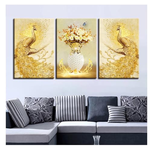 5D Diamant Painting Set, 3 Stück Diamond Painting Bilder,DIY Diamant Malerei Kinder Erwachsene Full Drill Diamond Painting nach Zahlen Diamond Art Kits für Home Wall Décor Goldener Pfau Round 90x40cm von Kewwier