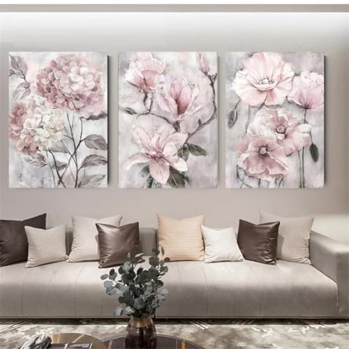 5D Diamant Painting Set, 3 Stück Diamond Painting Bilder,DIY Diamant Malerei Kinder Erwachsene Full Drill Diamond Painting nach Zahlen Diamond Art Kits für Home Wall Décor Pinke Blume Round 150x70cm von Kewwier