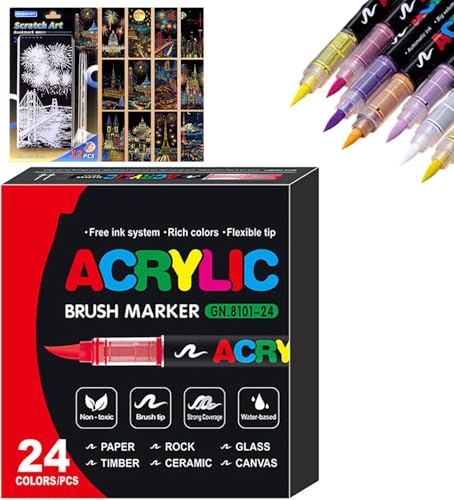 KeyoGoS Stellaya Acryl-Marker für Malbücher, gerade, flüssige Acrylmarker, Acrylfarben-Marker, kommt mit Malpapier zum Zeichnen (24 Farben) von KeyoGoS