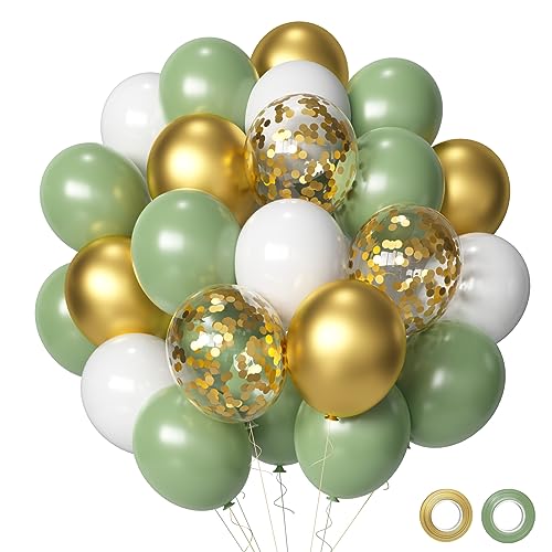 Grüne Luftballons Set Luftballons Grün Gold weiß, 60 Stück 12 Zoll Grüne Ballons Retro Olive Luftballons salbeigrün Latex luftballons für Geburtstag Babyparty Hochzeit Graduierung Party Deko von Keyoung