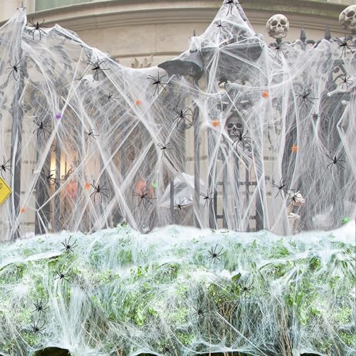 Halloween Deko Spinnennetz,60g Dehnbare Halloween Spinnennetz mit 20 Stück Realistische Kunststoff Spinnen Halloween Outdoor Spinnennetz Halloween Spinngewebe für Halloween Party Garten Gruselig Deko von Keyoung ㅤ