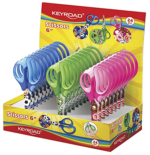 KEYROAD Schulschere Tatto Soft/Kinderschere 15 cm/Pack 24 Stück - lose verpackt im Display/Ergonomischer 3D-Griffe Aus Hochwertigem Kunststoff von Keyroad