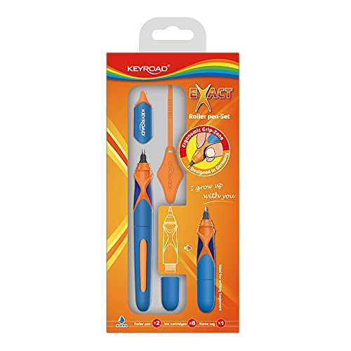 KeyRoad Ergonomischer Tintenroller 0,7mm/ Schreibfarbe Blau/Loch zum Aufhängen/im Lieferumfang 6 Patronen mit blauer Tinte/Namensschild/Mischfarben, 1 Stück (1er Pack) von Keyroad