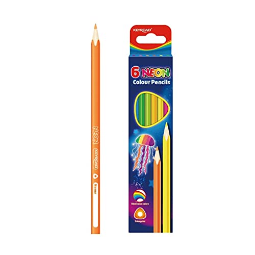 Keyroad Buntstifte Neon Dreikantform - 6 Stück/Mischfarben/Erwachsene und Kinder/Weicher Graphit/Loch zum Aufhängen, KR971754 von Keyroad