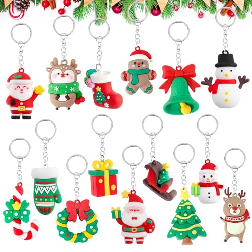 15pcs Weihnachten Schlüsselanhänger Silikon Cartoon Weihnachtsbaum Santa Anhänger mit O-Ring Christmas Keychain Weihnachten Geschenke Ideen Adventskalender Füllung Kinder Party Mitgebsel von Keysun