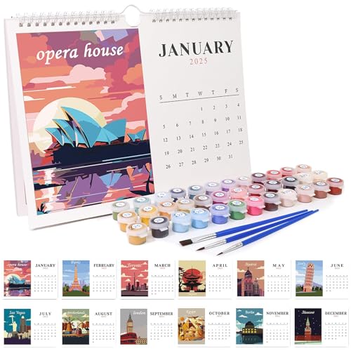 Wandkalender 2025, Malen Nach Zahlen Kalender Wandkalender Nation Landschaft, DIY Wandkalender 2025 zum Aufstellen, mit Pinsels Und Acrylfarbe für Geschenke und Home Haus Deko-Landschaft von Keysun