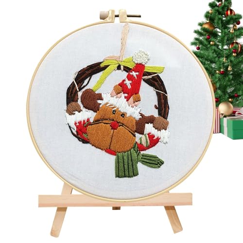 Stickerei Set Weihnachten, Kreuzstich Set, Stickset Für Anfänger Erwachsene, Weihnachtsstrumpf Stickset Mit 7,87 Zoll Reifen Elchmuster, Handnadelspitzen Set Für Kinder von Keyubria