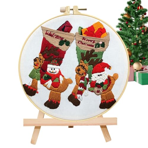 Stickerei Set Weihnachten, Kreuzstich Set, Stickset Für Anfänger Erwachsene, Weihnachtsstrumpf Stickset Mit 7,87 Zoll Reifen Elchmuster, Handnadelspitzen Set Für Kinder von Keyubria