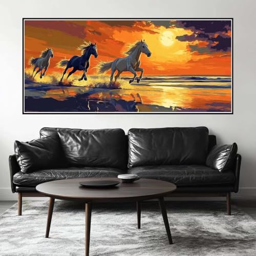 Malen Nach Zahlen Sonnenuntergang Malen Nach Zahlen Erwachsene Pferd, 140 X 70 cm XXL Groß Acrylfarben Ölgemälde, DIY Malen Nach Zahlen Kinder Anfänger Set Bastelset für Wand Dekor (Ohne Rahmen) -H256 von Kggyele