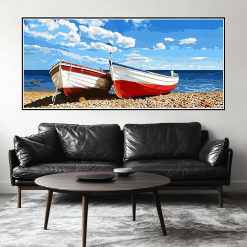 Malen Nach Zahlen Strand Malen Nach Zahlen Erwachsene Schiff, 100 X 50 cm XXL Groß Acrylfarben Ölgemälde, DIY Malen Nach Zahlen Kinder Anfänger Paint by Numbers Set für Wand Dekor (Ohne Rahmen) -H313 von Kggyele