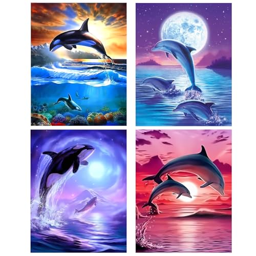 KiKiHong 4 Stück Diamond Painting Erwachsene Kits,Diamond Painting Delfin,Diamond Art Painting Kit für Wohnzimmer Schlafzimmer Wand Dekoration(30 x 40 cm) von KiKiHong