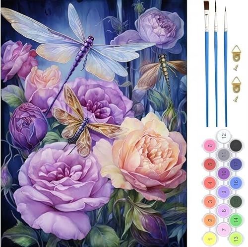 Libelle Blume Malen Nach Zahlen, Paint by Numbers Malen Nach Zahlen Adult Kit, Groß DIY Handgemalt Ölgemälde Kit für Anfänger Mit Pinsels Und Acrylfarbe, für Home Décor Geschenke 40x50cm (No Frame) von Kiagazaa