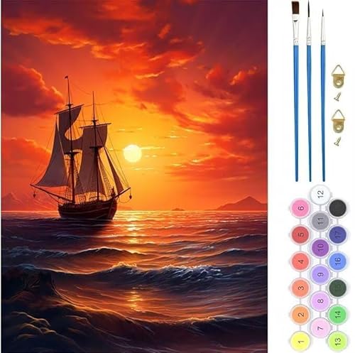 Malen Nach Zahlen Erwachsene,Malen Nach Zahlen Sonnenuntergang Boot,Paint by Numbers Anfänger Mit Pinseln und Acrylpigmen Handgemalt Ölgemälde Kit für Geschenke und Home Haus Deko 60x75cm (Rahmenlos) von Kiagazaa