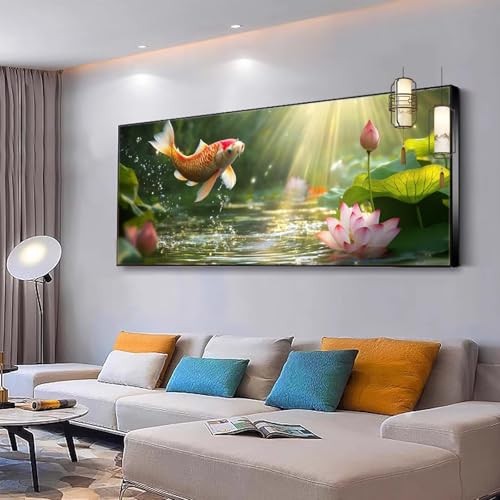 Malen nach Zahlen Erwachsene Koi Malen Nach Zahlen ab 7 9 10 Jahre Mädchen, Paint by Numbers Adult, Kreativ set mit Leinwand Pinsel und Acrylfarben Home Decor Geschenke Lotus 50x100cm Ohne Rahmen Y328 von Kiagazaa