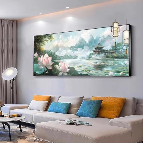 Malen nach Zahlen Erwachsene Landschaft Paint by Numbers Adult Kinder DIY Bastelset mit 3 Pinsel und Acrylfarben von Knitterfreie Leinwand Kit für Frauen Geschenke, Home Wand Dekor Lotus 90x180cm Y98 von Kiagazaa