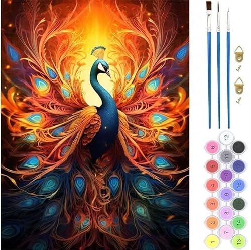 Pfau Abstrakt Malen Nach Zahlen, Paint by Numbers Malen Nach Zahlen Adult Kit, Groß DIY Handgemalt Ölgemälde Kit für Anfänger Mit Pinsels Und Acrylfarbe, für Home Décor Geschenke 40x50cm (No Frame) von Kiagazaa