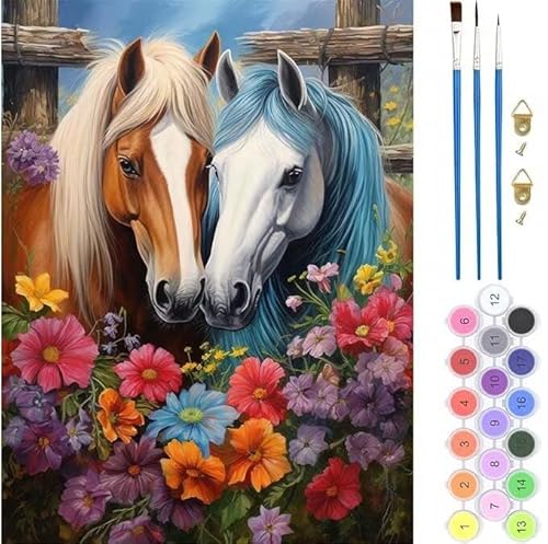 Pferd Pärchen Malen Nach Zahlen, Paint by Numbers Malen Nach Zahlen Adult Kit, Groß DIY Handgemalt Ölgemälde Kit für Anfänger Mit Pinsels Und Acrylfarbe, für Home Décor Geschenke 40x60cm (No Frame) von Kiagazaa