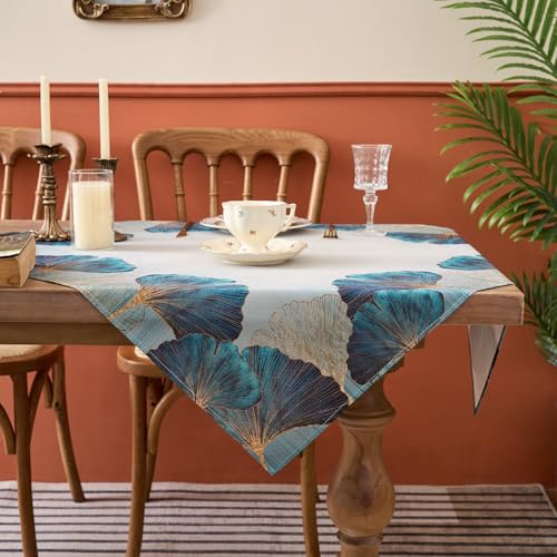 Kiatuniya Tischdecke Modern Blau Grün Petrol Gold Ginkgo Biloba Herbst Tischtuch Wohnzimmer Deko Eckig Mitteldecke Tischdecken Türkis Vintage Tischtuch für Küchentisch Esstisch 85x85cm von Kiatuniya