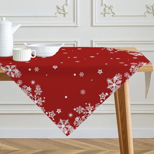 Kiatuniya Tischdecke Weihnachten Mitteldecke Schneeflocken Rot Weihnachtstischdecke Modern Saisonnal Weihnachtstischdecken Tischwäsche Winter Küche Tisch Dekoration Party Dekor 85x85 cm von Kiatuniya