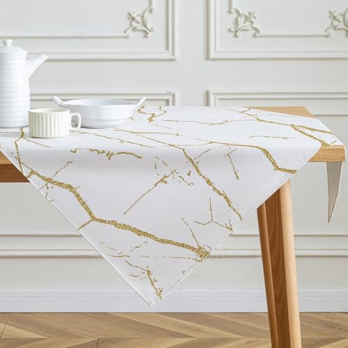 Tischdecke Weiß und Gold Mittelläufer Moderne Tischdecken mit Marmorstruktur Abstraktes Leinen Tischdekoration für Die Küche im Innenbereich Winter Frühling Feiertags Partydekor 100 x 100 cm von Kiatuniya