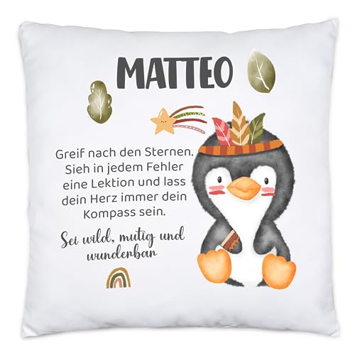 Kiddle-Design Kissen Personalisiert Taufe Geburt Einschulung Taufgeschenk Patenkind Glückwünsche Baby Kind mit Pinguin von Kiddle-Design