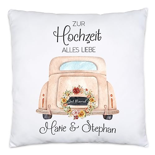 Kiddle-Design Personalisiertes Hochzeitsgeschenk Kissen Geschenk zur Hochzeit Gastgeschenk individuell mit Namen Hochzeitsauto Brautpaar von Kiddle-Design