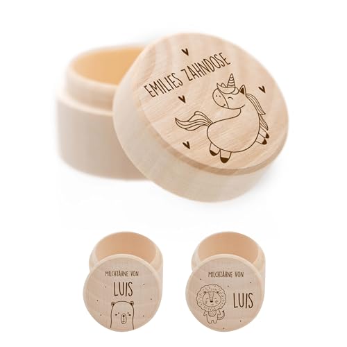 Kidsmood Milchzahndose personalisiert mit Wunschnamen, Holz-Zahnbox mit Wunschnamen als Geschenk für Baby, Zahndose für Milchzähne mit niedlichem Motiv von Kidsmood