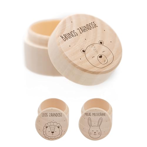 Kidsmood Milchzahndose personalisiert mit Wunschnamen, Holz-Zahnbox mit Wunschnamen als Geschenk für Baby, Zahndose für Milchzähne mit niedlichem Motiv von Kidsmood
