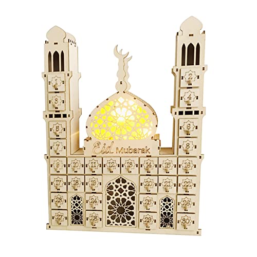 KieTeiiK Adventskalender, Ramadan-Countdown-Kalender aus Holz mit Lichtern und 30 Schubladen, handgefertigter Kirchen-Desktop-Kalender, wiederverwendbarer Kalender für Zuhause, Eid Ramadan, von KieTeiiK