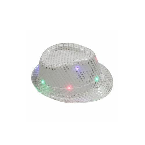 LED Pailletten-Hut, Pailletten Hut, Pailletten Hut Glitzer Kappe Sylvester, Hut Fedora, Hut mit Pailletten, Unisex, Disco Outfit, Accessoire, Karneval, Kostüm, Themenparty, Mottoparty (Weiß) von Kielsjajd