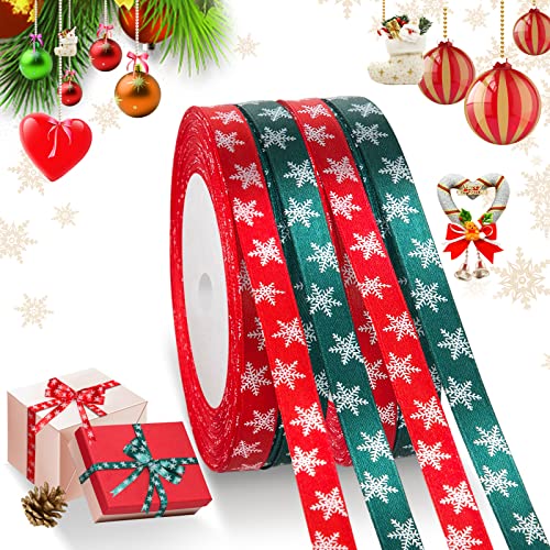 Kieswan Geschenkband Weihnachten Rot/Grün 22m x 4 Rollen, 10mm Schleifenband Weihnachten Satinband Schneeflocke, Weihnachtsschleifen Dekoband für Hochzeit Geburtstag Verpackung Basteln Dekoration von Kieswan