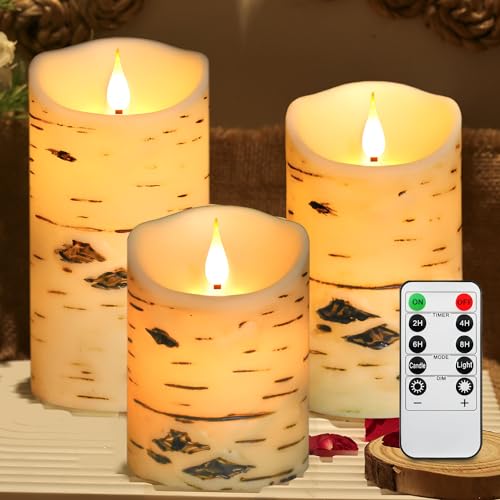 Kiexung LED-Kerze, Birkenkorn-LED-Kerze, batteriebetriebene Kerze, Remote-Timer-Acrylkerze und super robuste festliche flammenlose Kerze, Wohnkultur, 3-teiliges Set (Birkenkonstruktion) von Kiexung