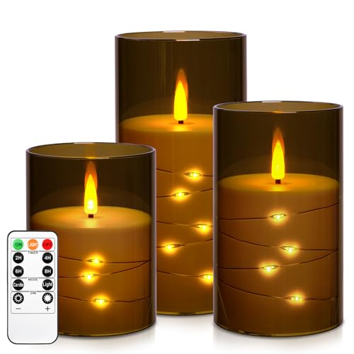 Kiexung LED Kerze, LED Kerze mit eingebauter Lichterkette, batteriebetriebene Kerze, Plexiglaskerze mit Fernbedienung Timer, festliche flammenlose Kerze, Wohnkultur, 3-teiliges Set (grau) von Kiexung