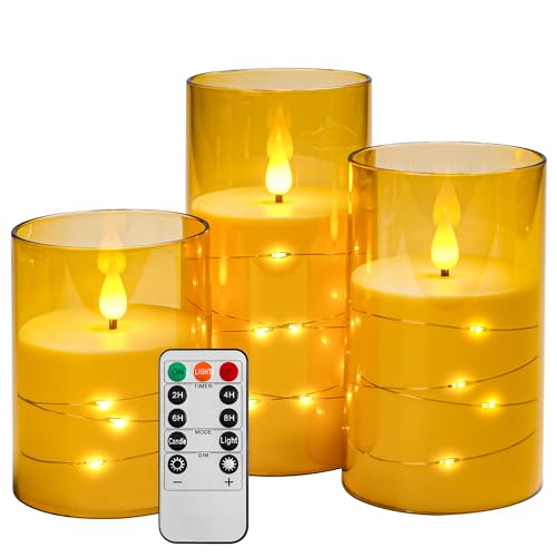 Kiexung LED-Kerzen, LED-Kerzen mit eingebauter Lichterkette, Batteriebetriebene Kerzen, Plexiglaskerzen mit Fernschaltuhr, Festliche flammenlose Kerzen, Wohnkultur, 3-teiliges Set (Gold) von Kiexung