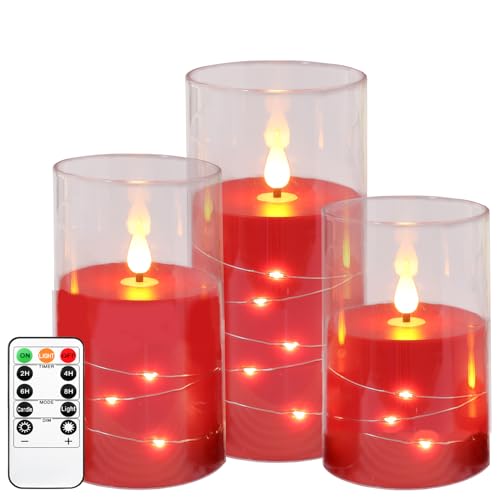 Kiexung LED-Kerzen, batteriebetriebenes Kerzenblinken, eingebautes Sternenlicht-Lichterkettenlicht, unzerbrechliches Plexiglas mit Fernbedienungs-Timer, 3er-Set (rot) von Kiexung