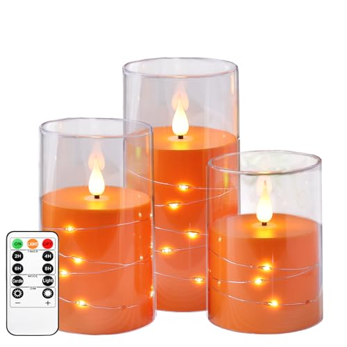 Kiexung LED-Kerzen, blinkende batteriebetriebene Kerze, eingebaute Sternenlicht-Lichterkette, Halloween-Kerze, unzerbrechliches Plexiglas mit Fernbedienungs-Timer, 3er-Set (orange) von Kiexung