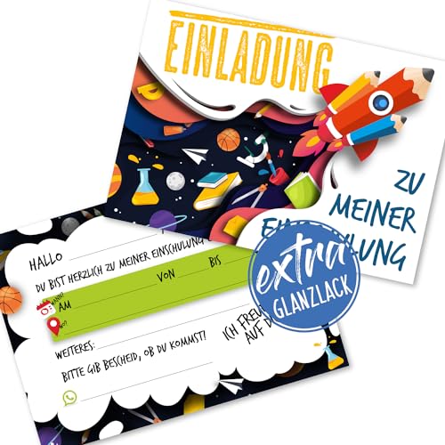 12 Einladungskarten zur Einschulung [extra stabil] die Einladung für den Schulstart| mit Raketen Motiv| erster Schultag Party (Einschulung ohne Kuvert) von Kigebu