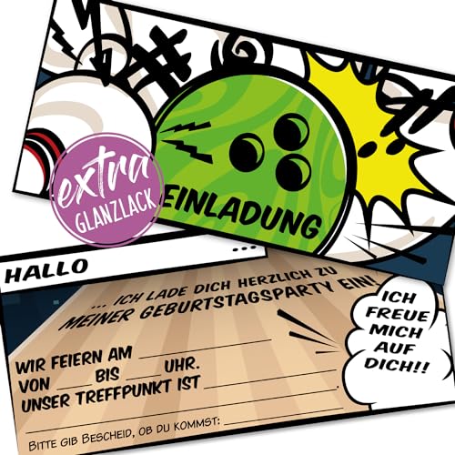 12 Einladungskarten zum Kindergeburtstag [extra stabil], Bowling/Kegel - Partys, Geburtstagseinladung für Jungen und Mädchen im Comic Stil (Bowling ohne Kuvert) von Kigebu