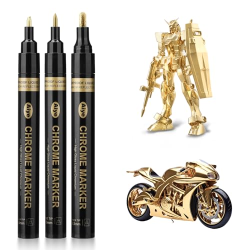 Kigniote Metallic Stifte Set Golden, 3 Stück Permanenter Liquid Chrome Marker Spezialtinte mit echtem Spiegeleffekt, Goldstift wasserfest für Färbung des Modells, Graffiti, Maniküre, Metall, Glas von Kigniote