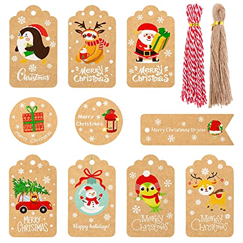 100 Stücke Weihnachten Geschenkanhänger, Weihnachten Kraftpapier Tags Etiketten mit Juteschnur für Weihnachts Geschenk Label Präsentieren Dekoration von Kiiwah