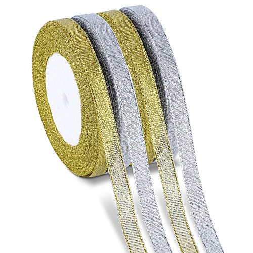 100m 4 Rollen Organzaband Geschenkband Dekoband Schleifenband Bänder für Weihnachten Dekoration (Gold, Splitter) von Kiiwah