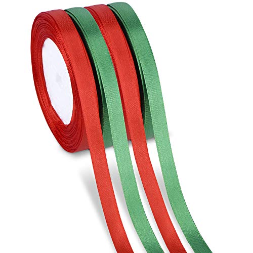 100m 4 Rollen Satinband Geschenkband Dekoband Schleifenband Bänder für Weihnachten Dekoration (Rot, Grün) von Kiiwah