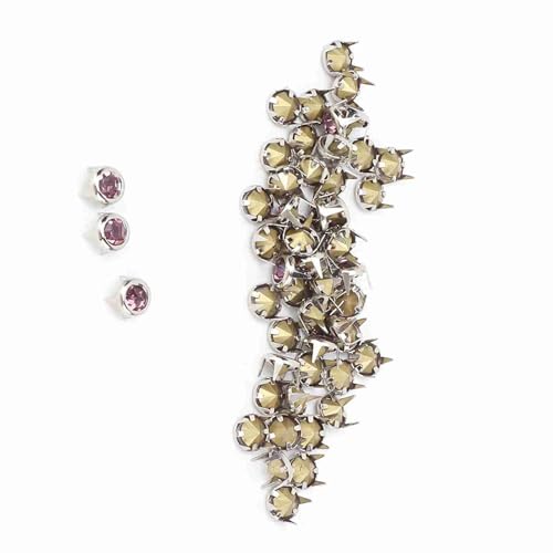 50 Set Silber/Gold Basis DIY Mode Strass Krallen Perlen Nailhead Nieten Punk Diamant Spikes Nieten für DIY Leder Handwerk (7 mm großer rosafarbener Diamant mit Silberrand) von Kikumi