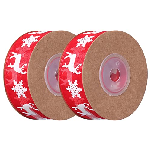 Weihnachts-Geschenkband – 2 Rollen Weihnachtsband, Breiter Aufdruck, Weihnachtsdekoration, Schneeflocke, Hirsch, Rotes Band von Kikumi