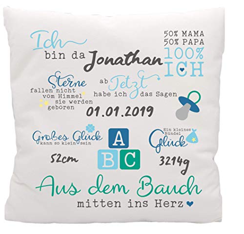 Kilala Kissen zur Geburt oder Taufe personalisierte Geschenkidee 40 x 40cm Jungen Sprüchen Namenskissen Baby Kissen von Kilala